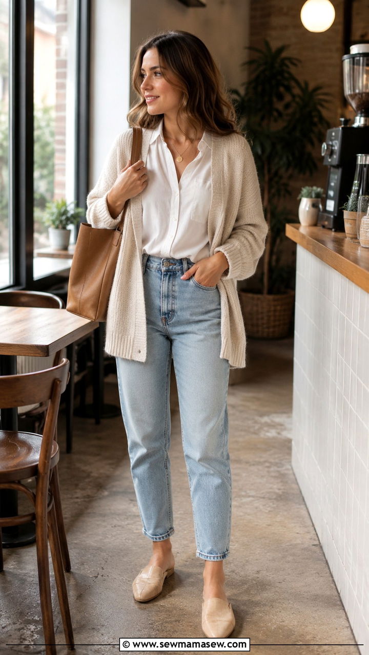 Mom Jeans With Button Down And Cardigan - 30 Mom jeans outfit ideas with a button down