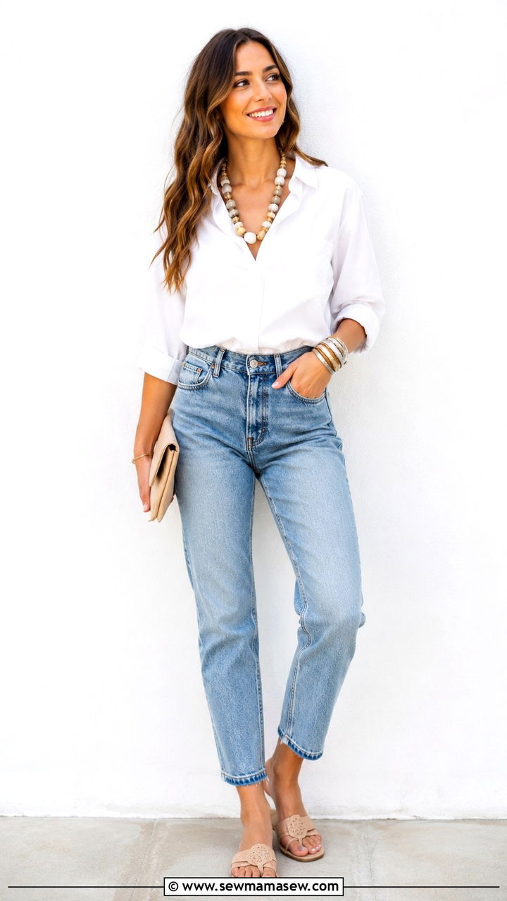 Mom Jeans With Button Down And Statement Jewelry Outfit - 30 Mom jeans outfit ideas with a button down