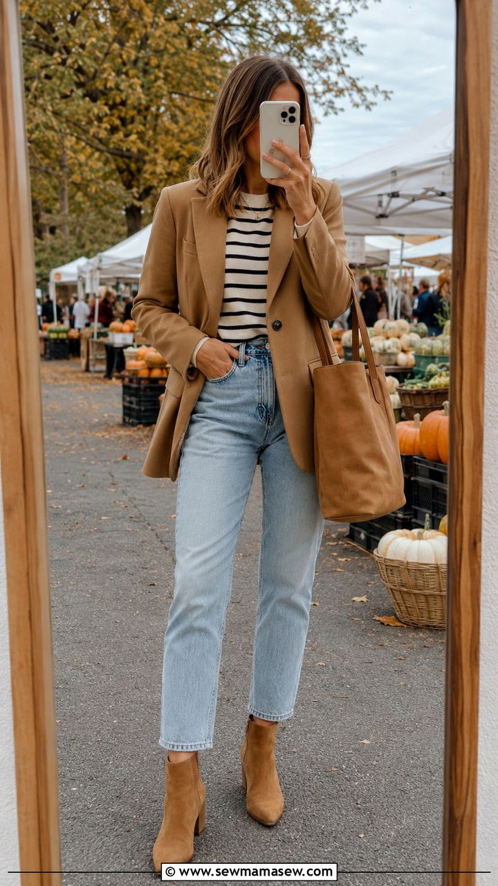 Mom Jeans With Camel Blazer And Striped Knit - 30 Mom jeans outfit ideas with a blazer