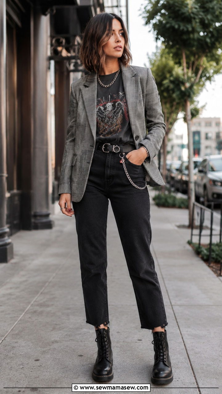 Mom Jeans With Check Blazer And Combat Boots - 30 Mom jeans outfit ideas with a blazer