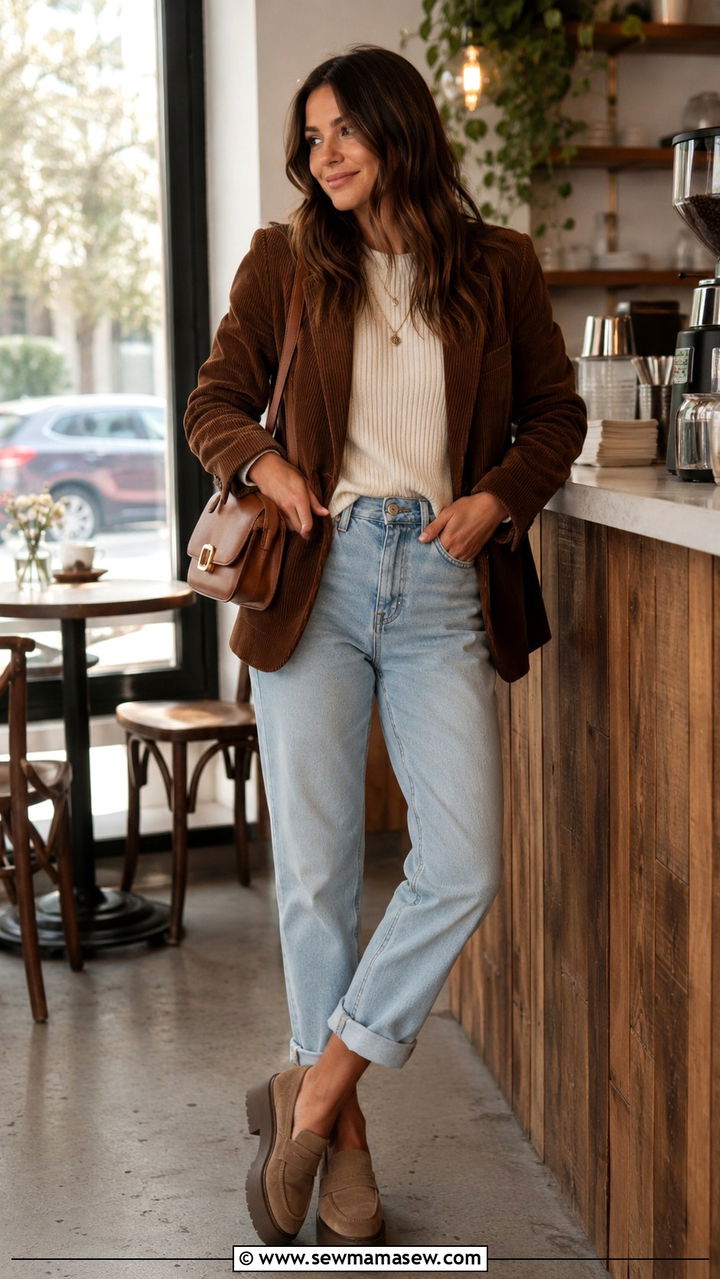 Mom Jeans With Corduroy Blazer And Ribbed Knit - 30 Mom jeans outfit ideas with a blazer