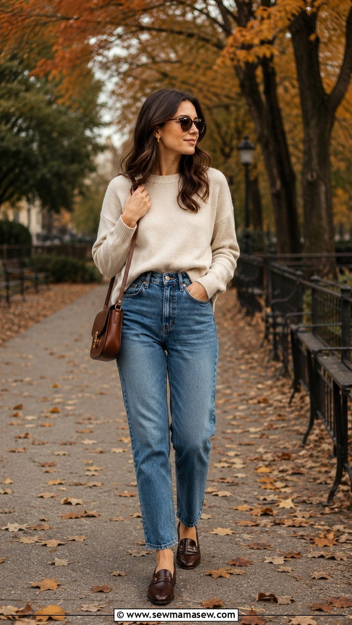 Mom Jeans With Cozy Sweater And Loafers - 30 Mom jeans outfit ideas with loafers