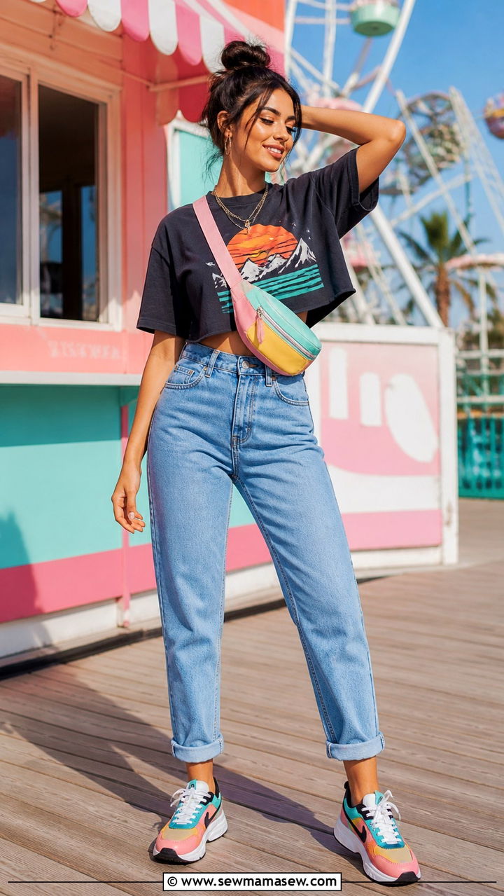Mom Jeans With Graphic Crop Top And Retro Sneakers - 40 summer jeans outfit ideas