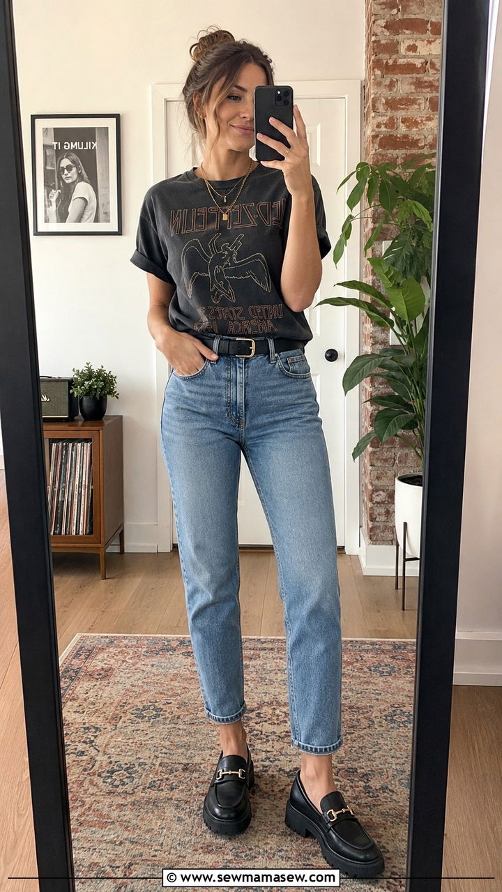 Mom Jeans With Graphic Tee And Loafers - 30 Mom jeans outfit ideas with loafers