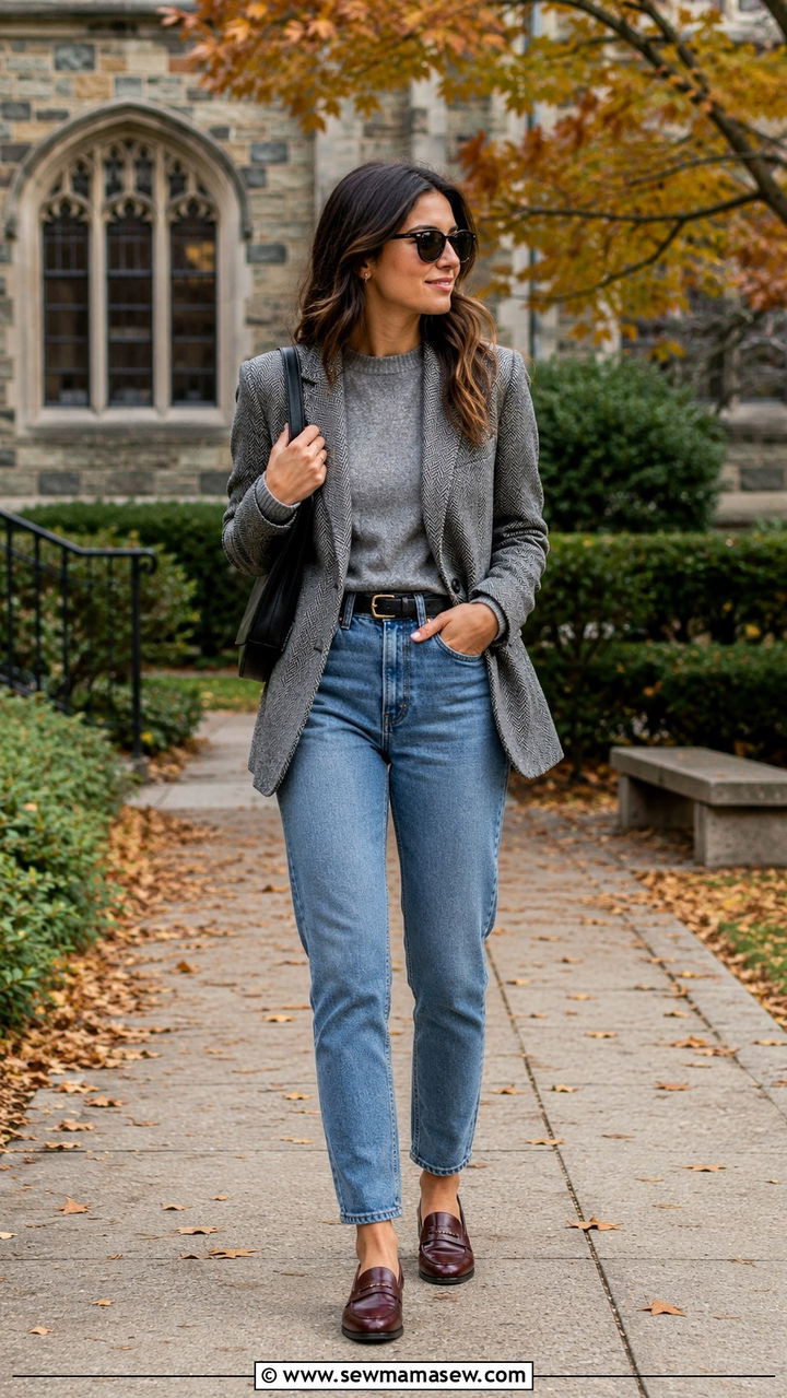 Mom Jeans With Grey Herringbone Blazer And Loafers - 30 Mom jeans outfit ideas with a blazer