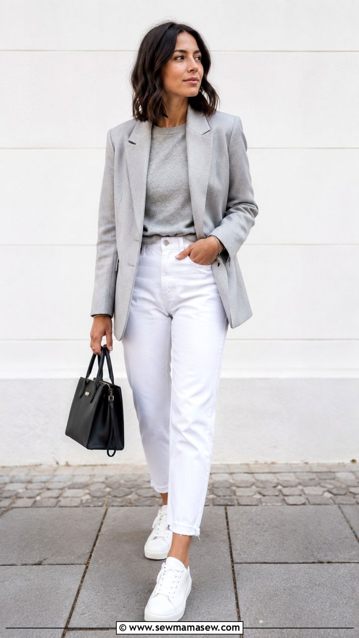 Mom Jeans With Light Grey Blazer And Monochrome Layers - 30 Mom jeans outfit ideas with a blazer