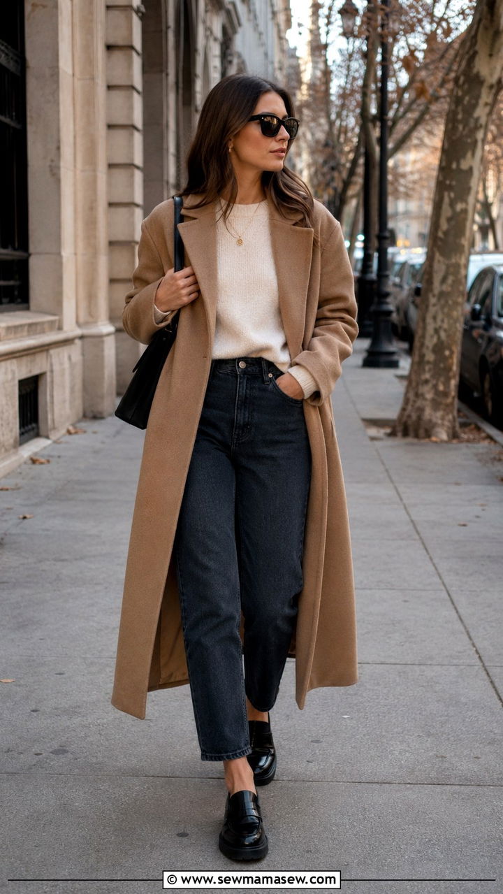 Mom Jeans With Long Wool Coat And Loafers - 30 Mom jeans outfit ideas with loafers