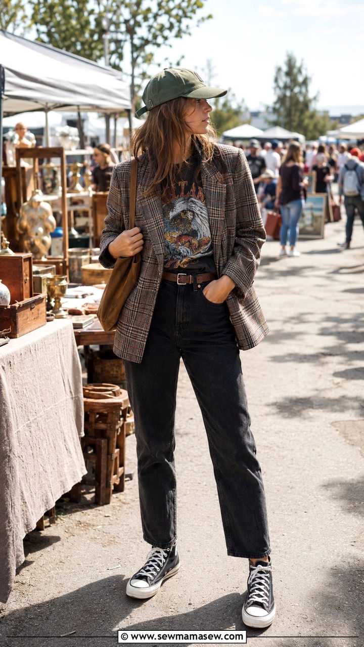 Mom Jeans With Plaid Blazer And Graphic Tee - 30 Mom jeans outfit ideas with a blazer