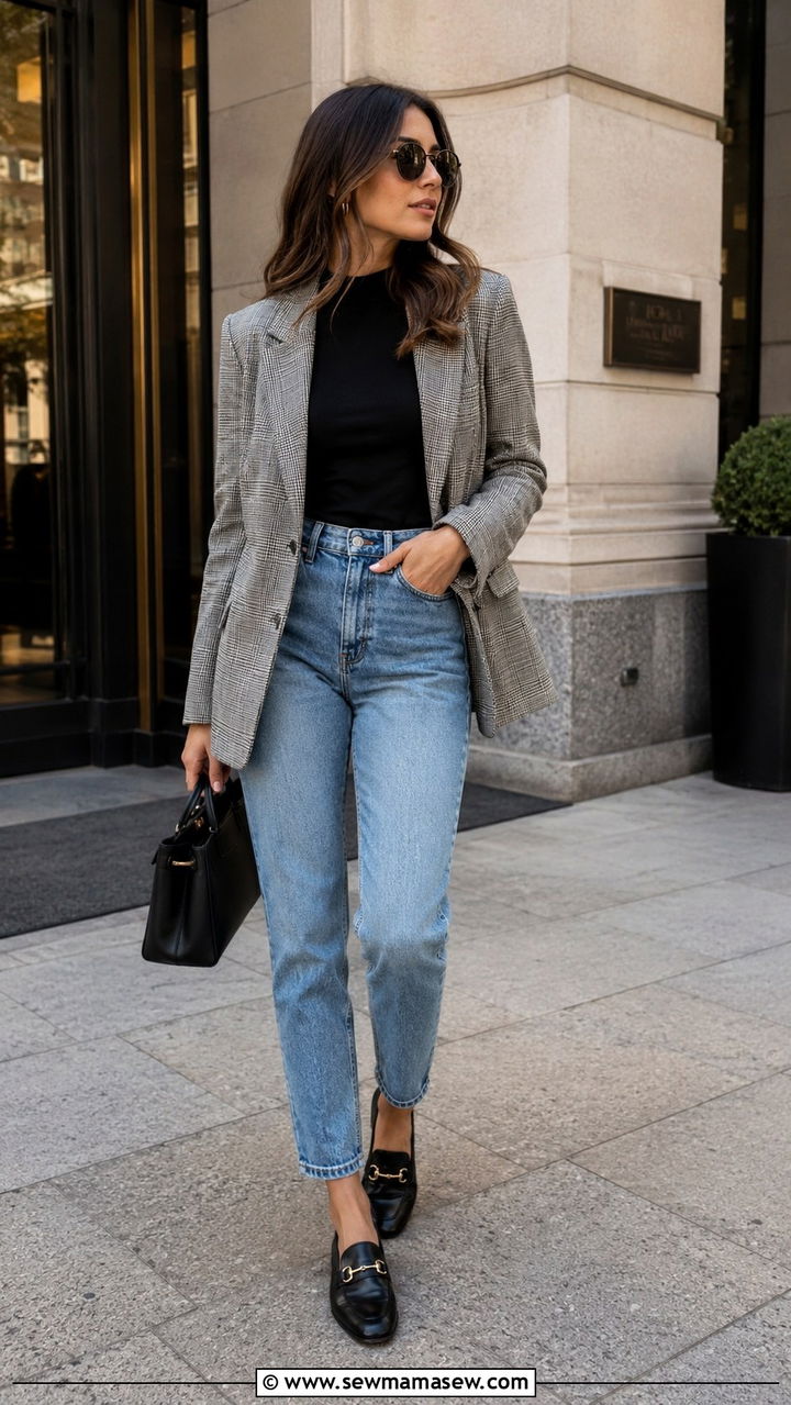Mom Jeans With Plaid Blazer And Loafers - 30 Mom jeans outfit ideas with loafers