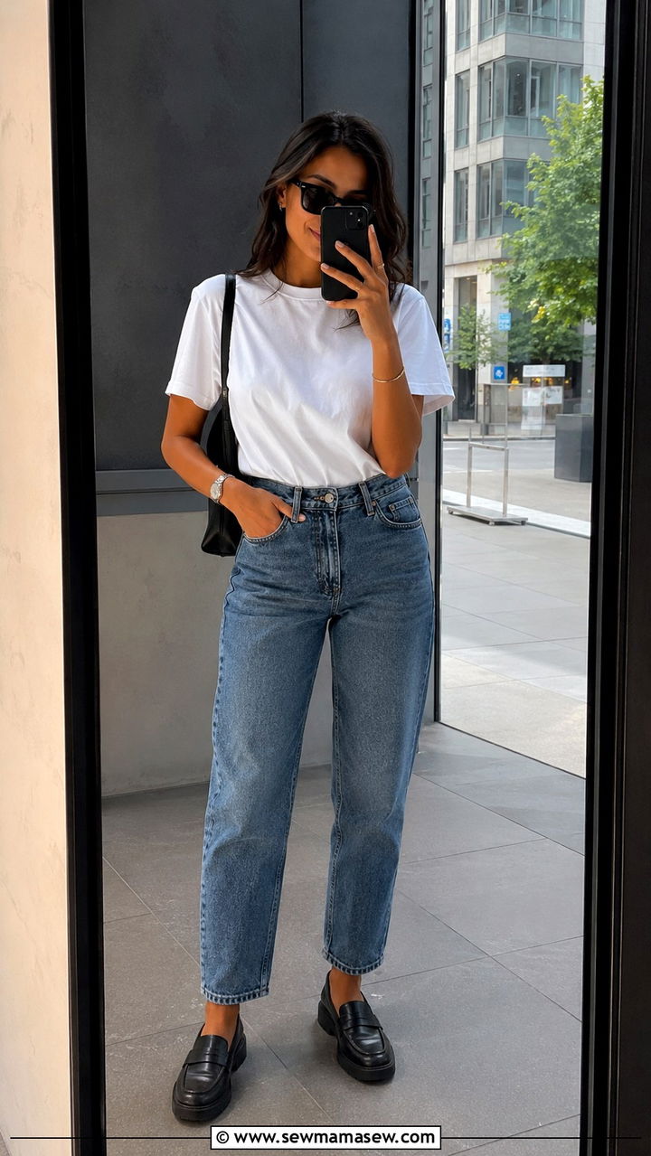Mom Jeans With Plain White Tee And Loafers - 30 Mom jeans outfit ideas with loafers