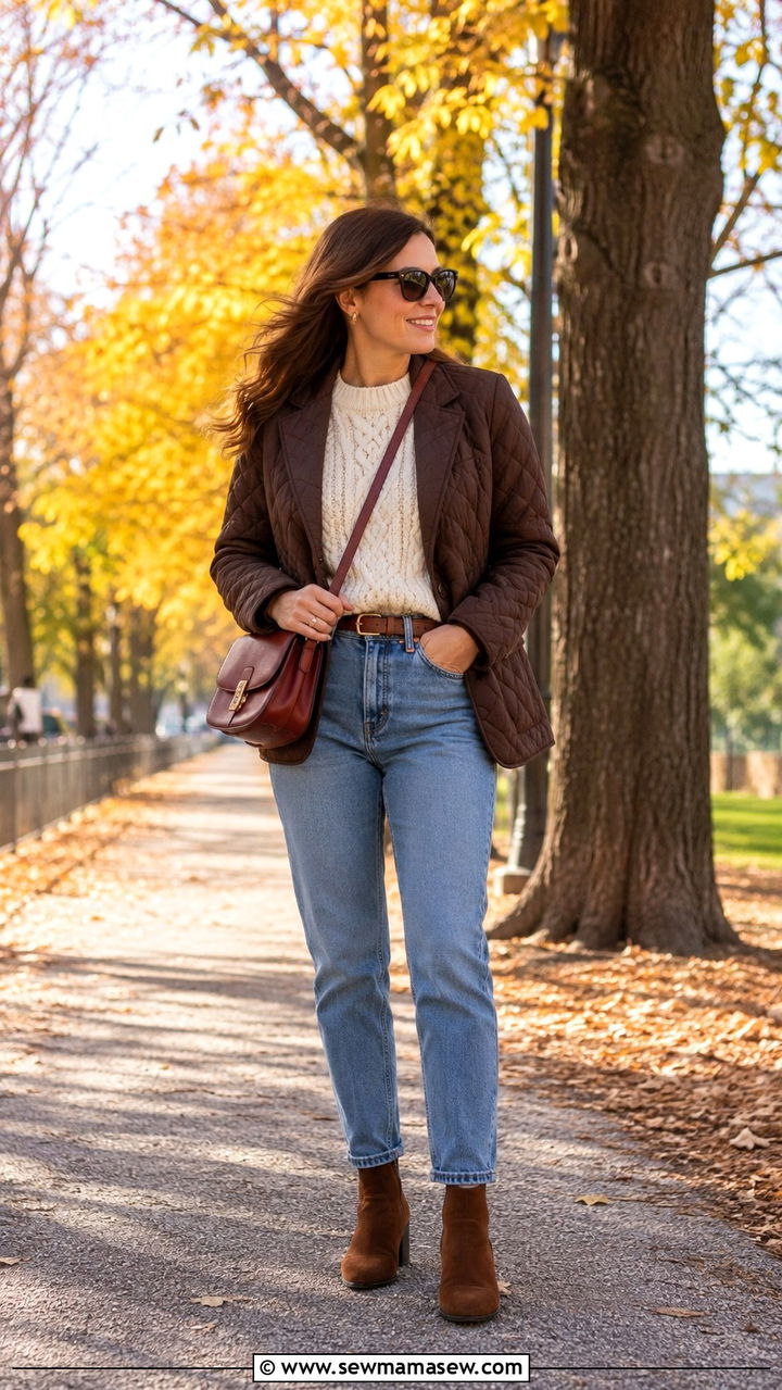 Mom Jeans With Quilted Blazer And Ankle Boots - 30 Mom jeans outfit ideas with a blazer