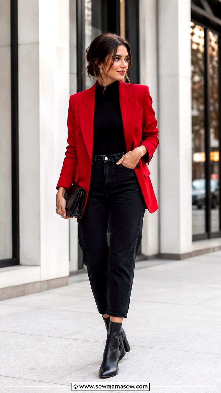 Mom Jeans With Red Blazer And All Black Base - 30 Mom jeans outfit ideas with a blazer