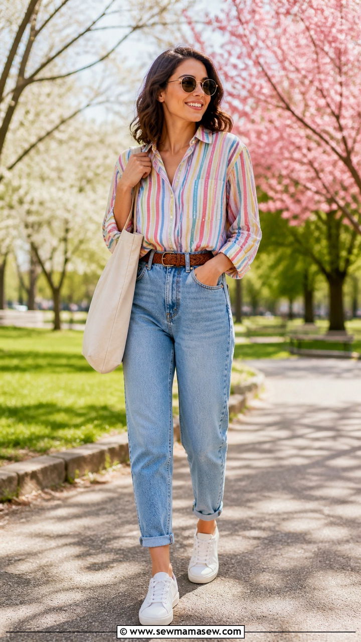 Mom Jeans With Striped Button Down Shirt And Sneakers - 40 spring jeans outfit ideas