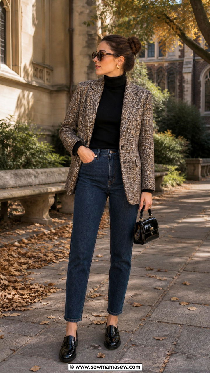 Mom Jeans With Tweed Blazer And Turtleneck - 30 Mom jeans outfit ideas with a blazer