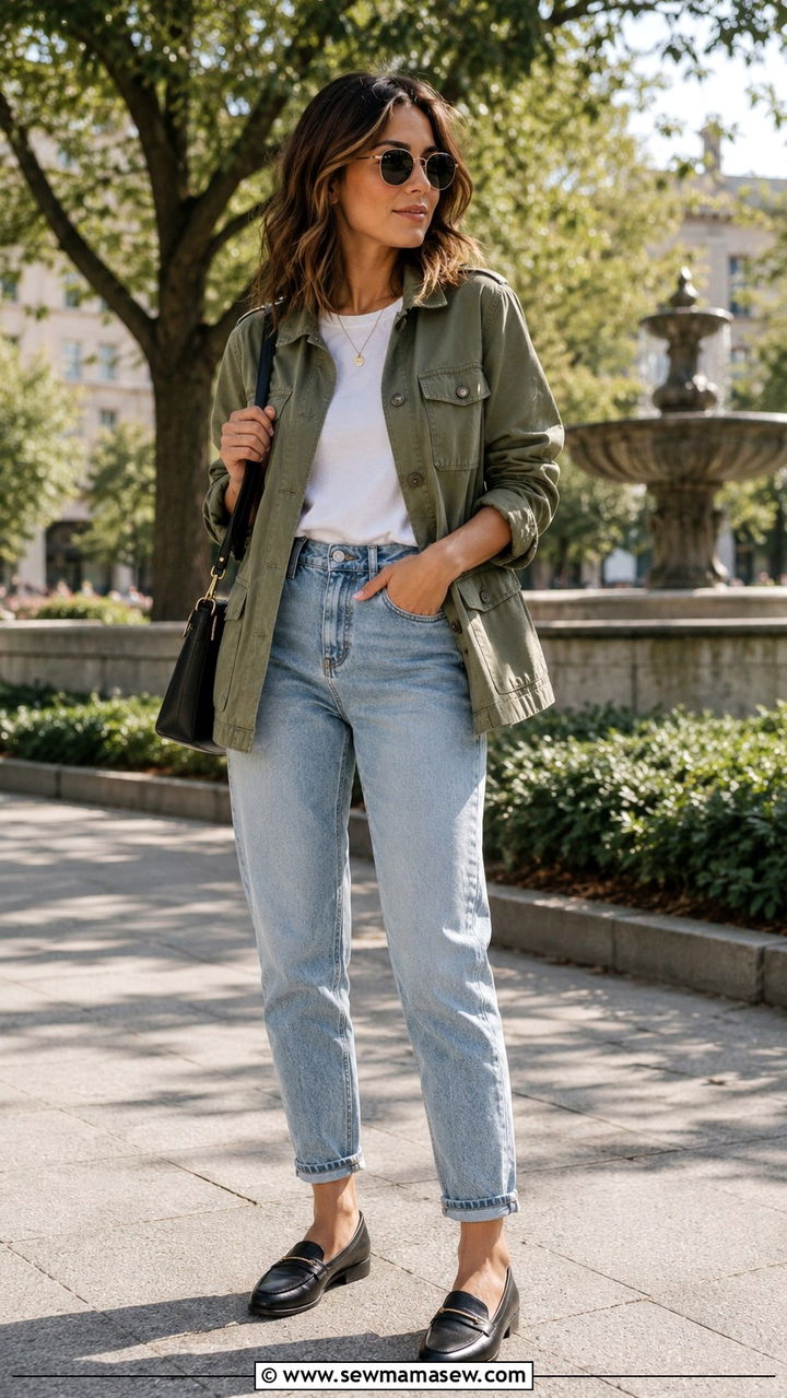 Mom Jeans With Utility Jacket And Loafers - 30 Mom jeans outfit ideas with loafers