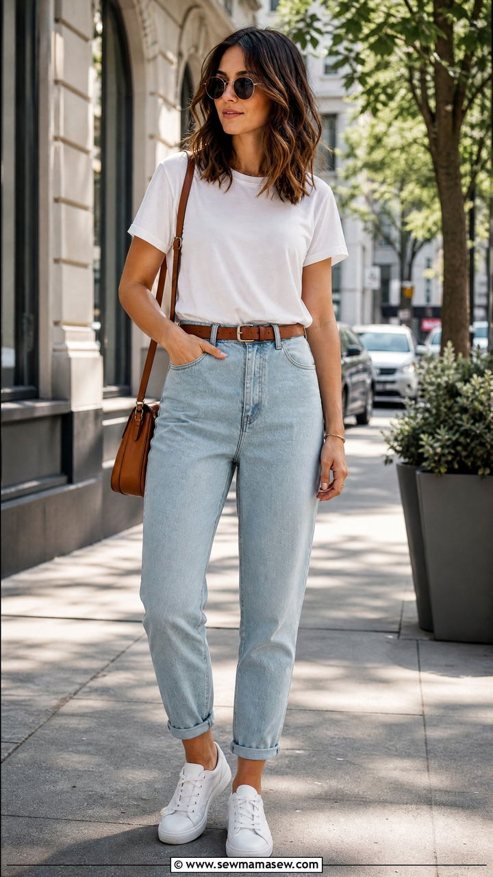 Mom Jeans With White Tee and Sneakers - 25 chic mom jeans outfit ideas