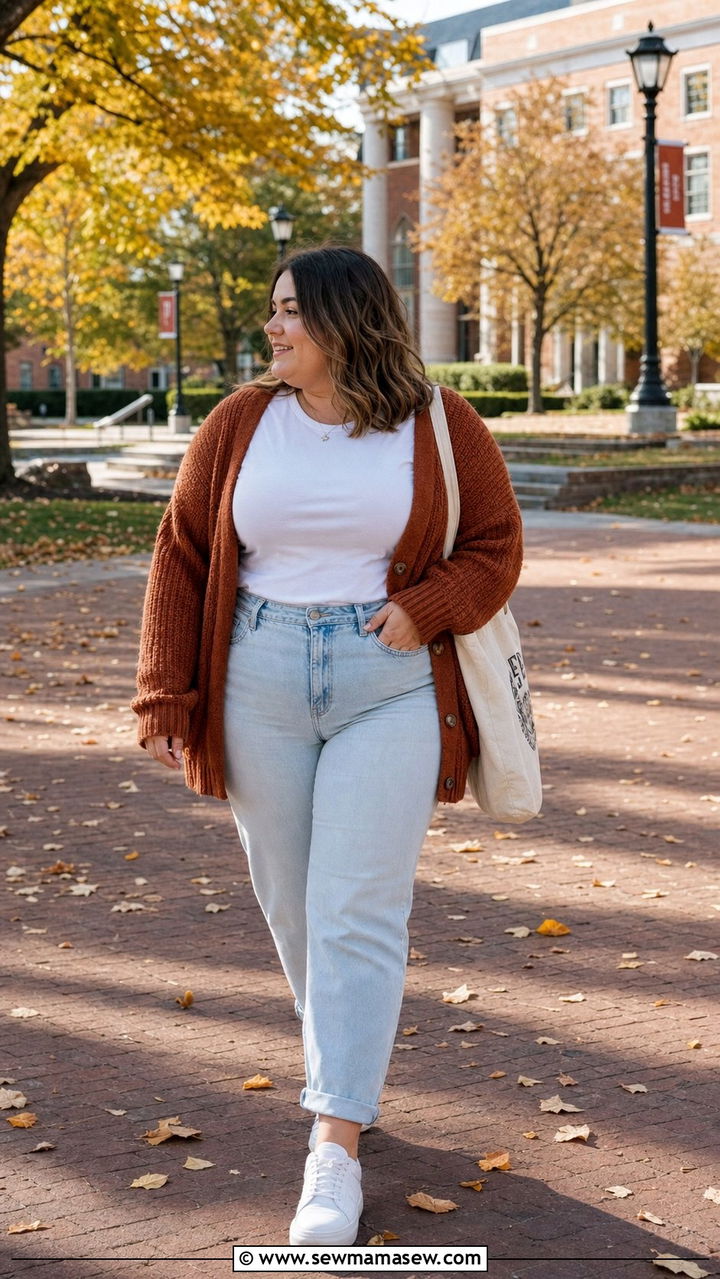 Mom Jeans and Cardigan College Outfit - 25 College outfit ideas plus size