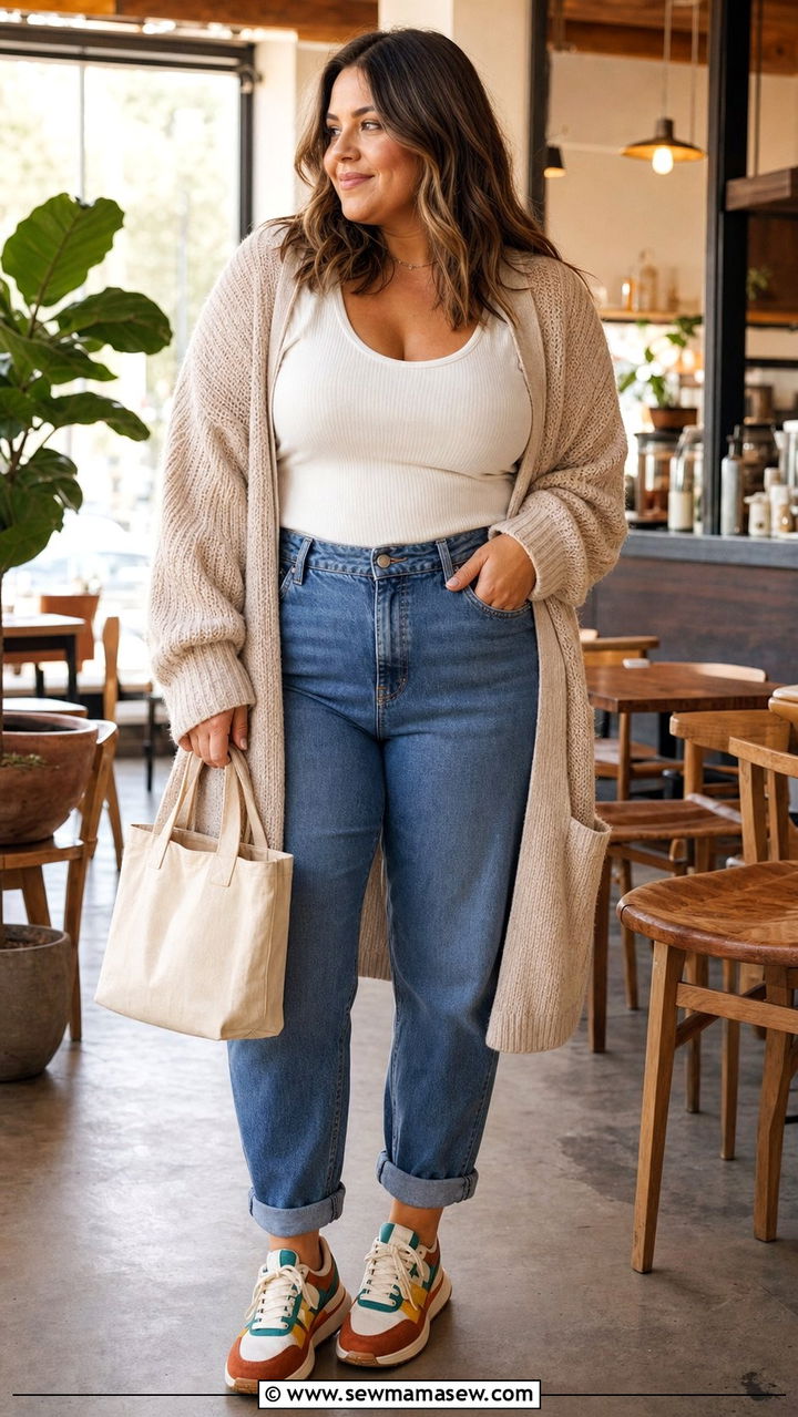 Mom Jeans and Chunky Cardigan Outfit - 25 Cute outfits for midsize women