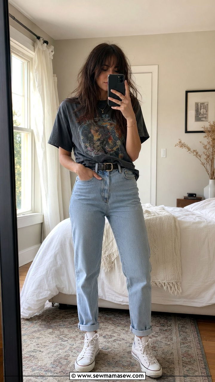 Mom Jeans and Graphic Band Tee Outfit - 35 90s outfits ideas