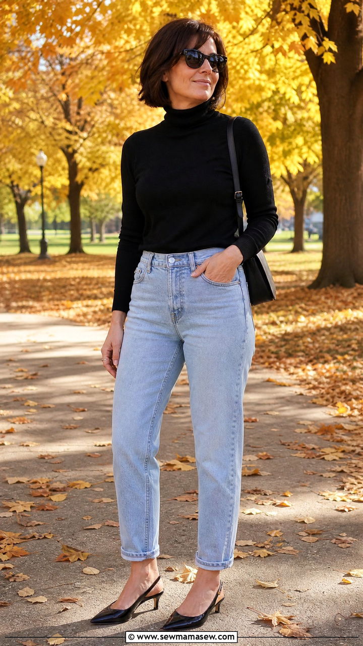 Mom Jeans and Turtleneck With Slingback Kitten Heels - 35 Jeans and heels outfit ideas over 40