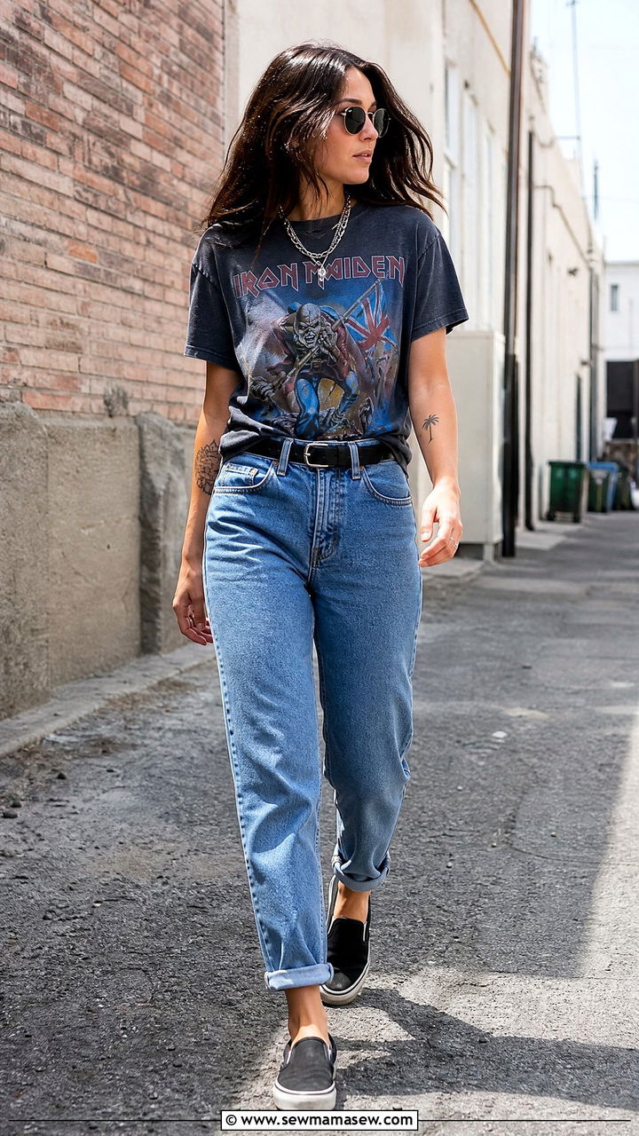 Mom Jeans and Vintage Band Tee Outfit - 25 How to style mom jeans in summer