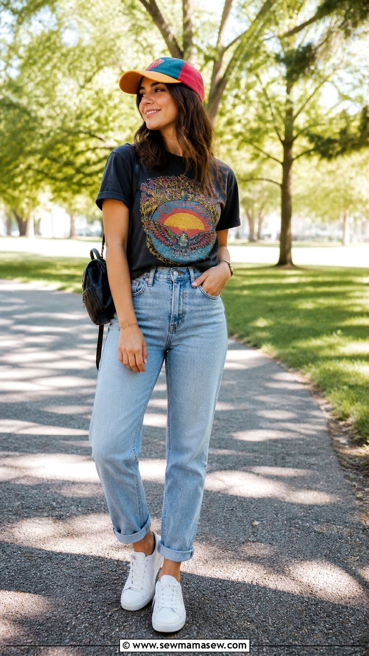Mom Jeans with Graphic Tee and White Sneakers - 40 cute jeans outfits