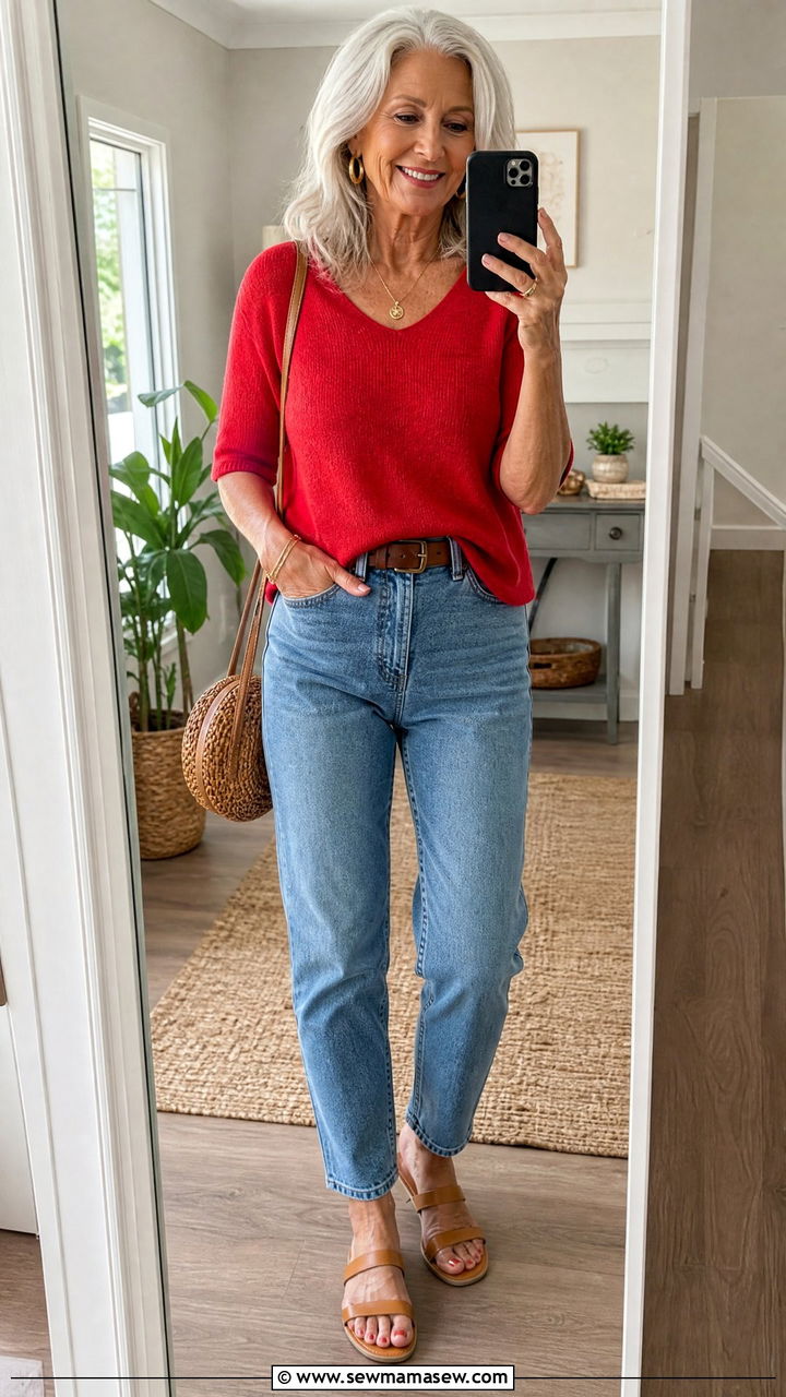 Mom Jeans with Red Top and Flat Sandals - 35 Jeans outfit ideas for women over 60