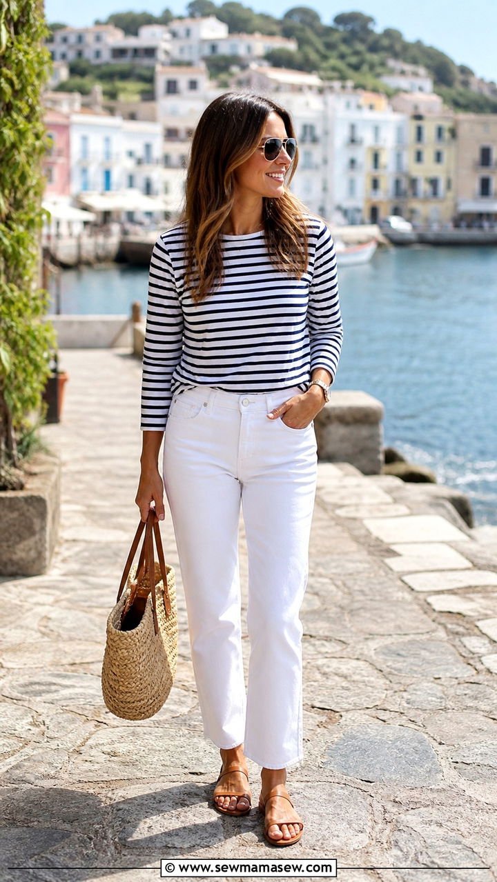 Mom Outfit With A Striped Top And White Jeans - 40 Stylish outfits for moms