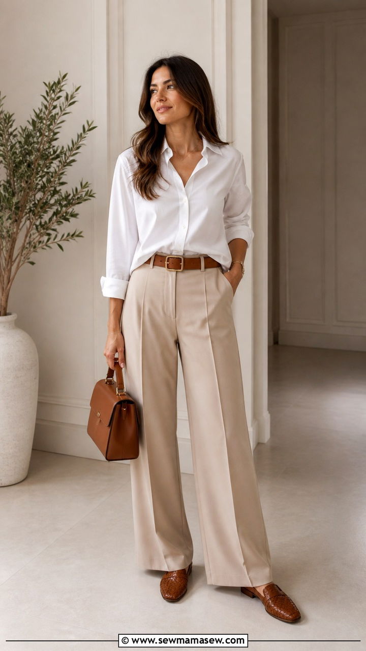 Mom Outfit With A White Button Down And Wide Leg Pants - 40 Stylish outfits for moms