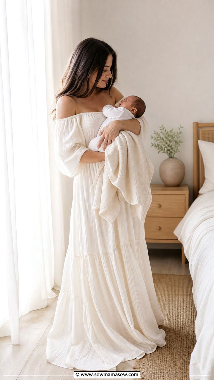 Mom flowy maxi dress and baby neutral onesie - 25 Newborn photoshoot outfit ideas