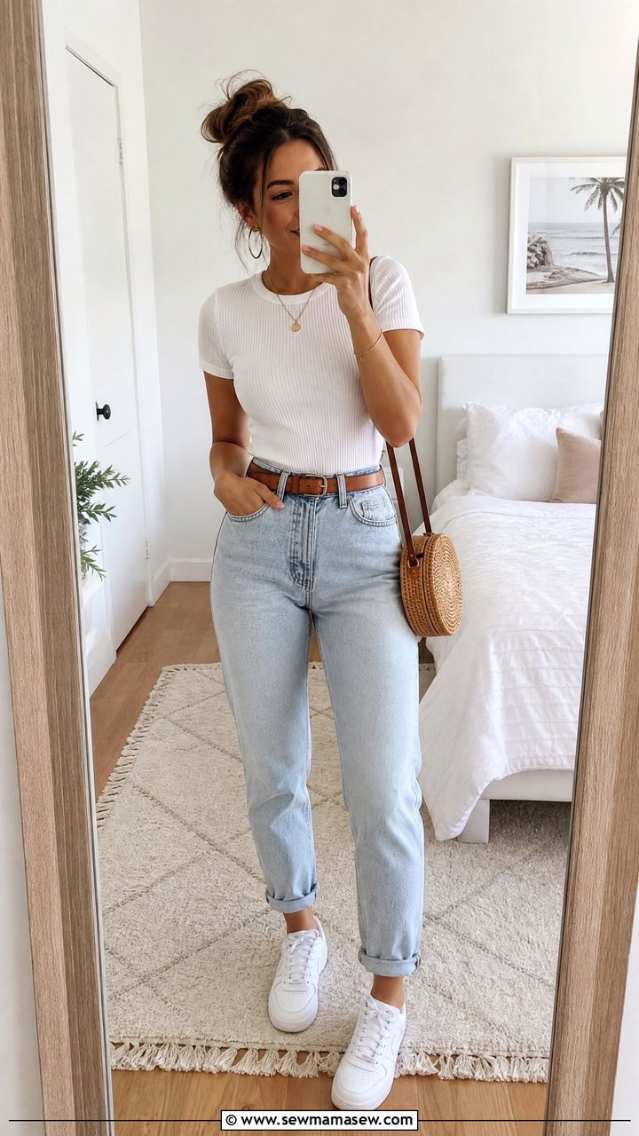 Mom jeans high waisted with white sneakers outfit - 25 High waisted jeans outfit ideas with white sneakers