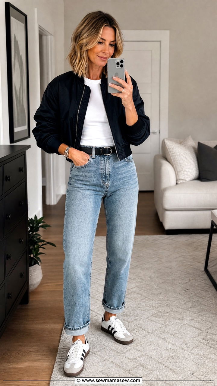 Mom jeans with Adidas Samba sneakers and a cropped jacket - 35 Jeans and sneakers outfit ideas over 40