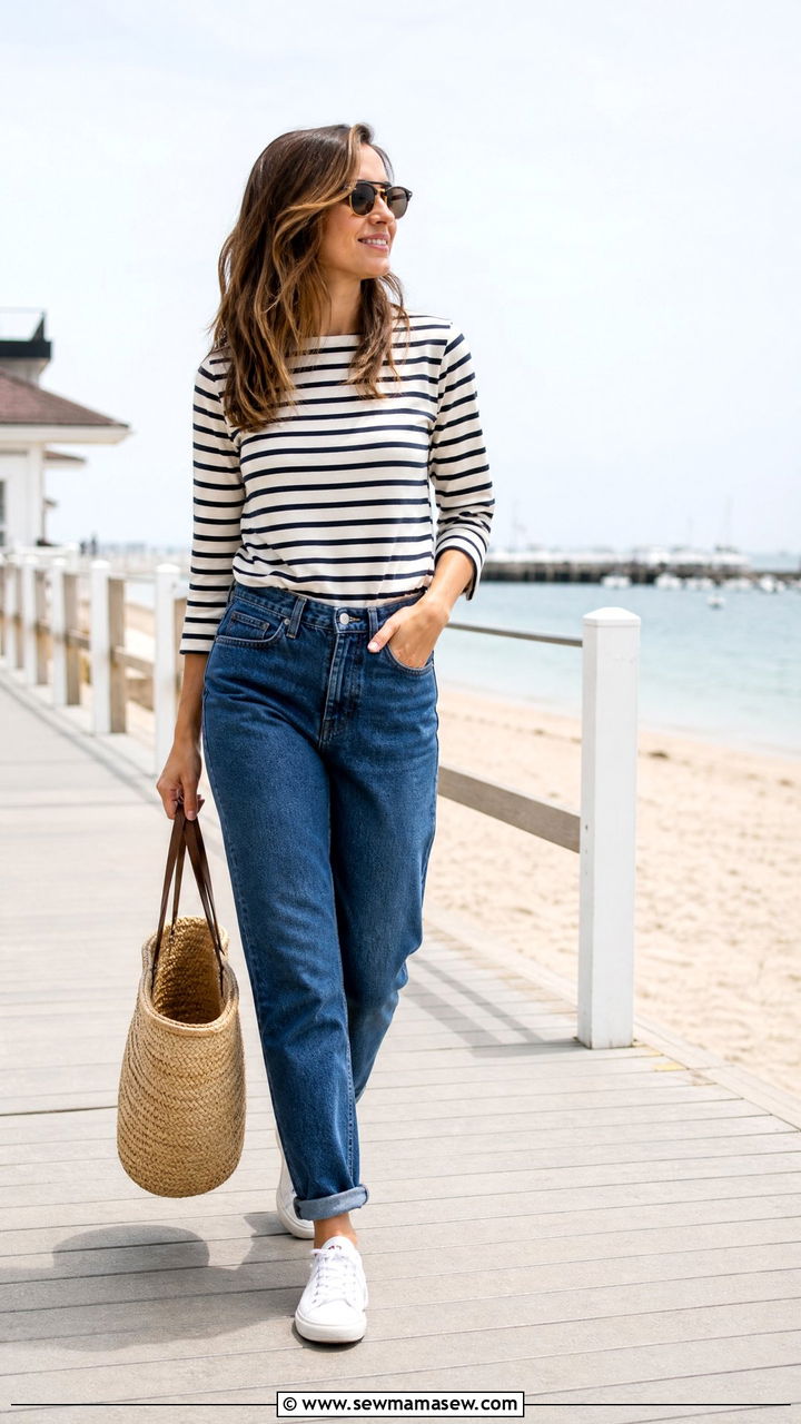 Mom jeans with Breton striped shirt and white sneakers - 25 How to style mom jeans in spring