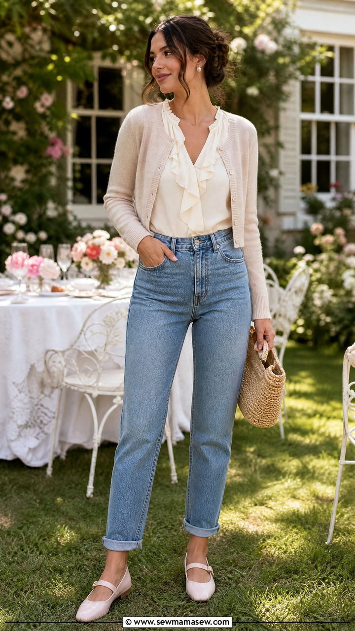 Mom jeans with Mary Jane flats and blouse - 30 Mom jeans outfit ideas with flats