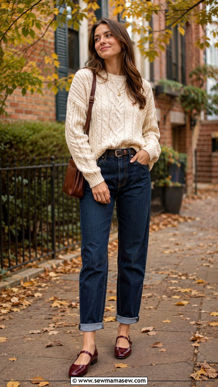 Mom jeans with Mary Janes and sweater - 30 Mom jeans outfit ideas with flats