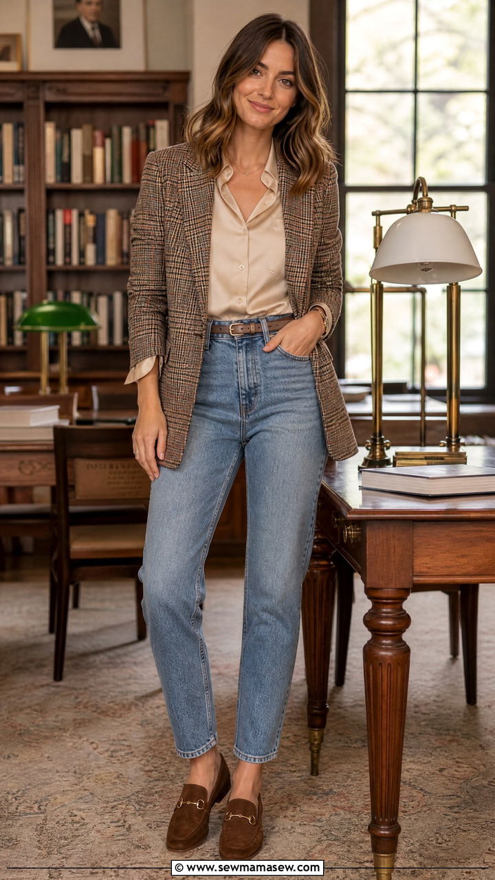 Mom jeans with a beige satin blouse and brown plaid blazer and suede loafers - 35 Librarian outfit ideas for work