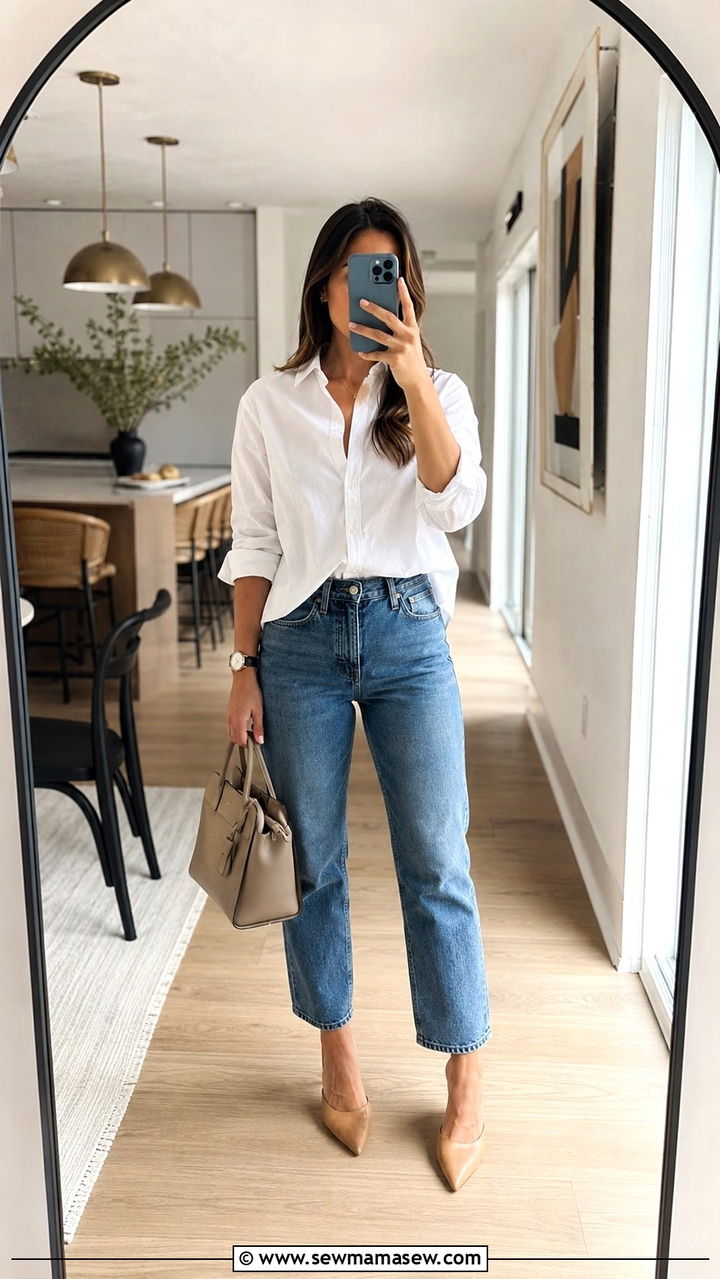 Mom jeans with a button down shirt and mules - 25 Petite outfit ideas with mom jeans
