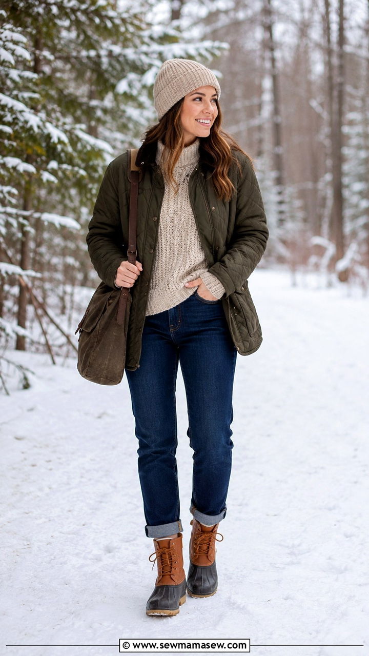 Mom jeans with a chunky knit pullover and duck boots - 30 Mom jeans outfit ideas with a sweater