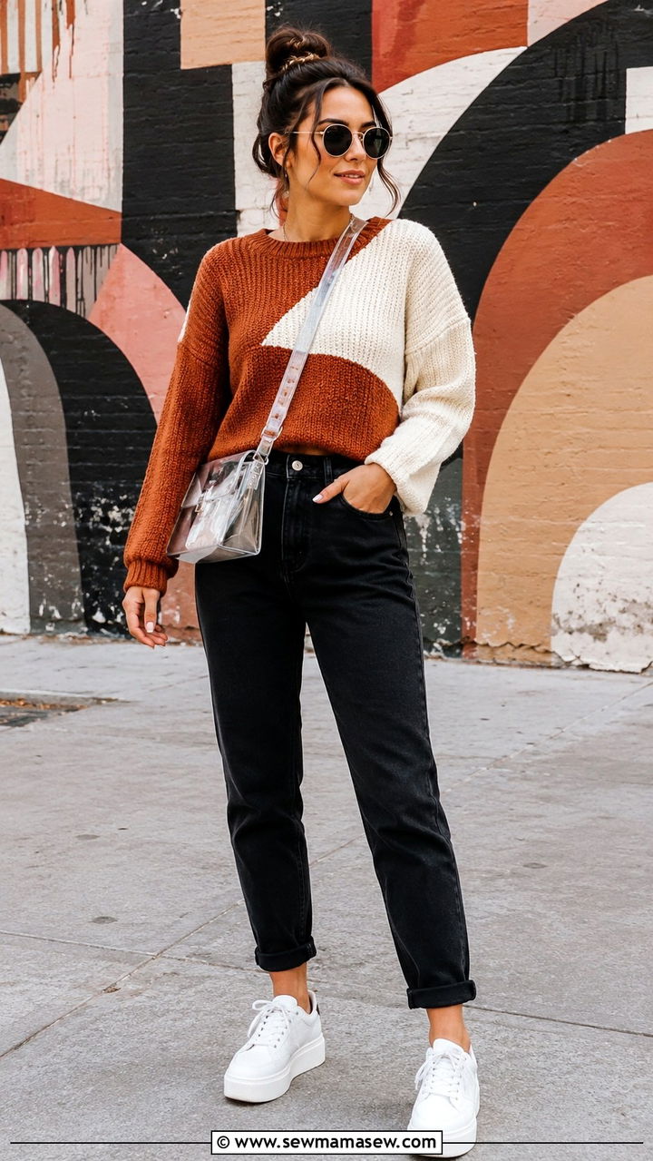 Mom jeans with a color block sweater and platform sneakers - 30 Mom jeans outfit ideas with a sweater