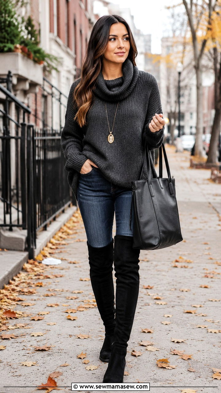 Mom jeans with a cowl neck sweater and over the knee boots - 30 Mom jeans outfit ideas with a sweater