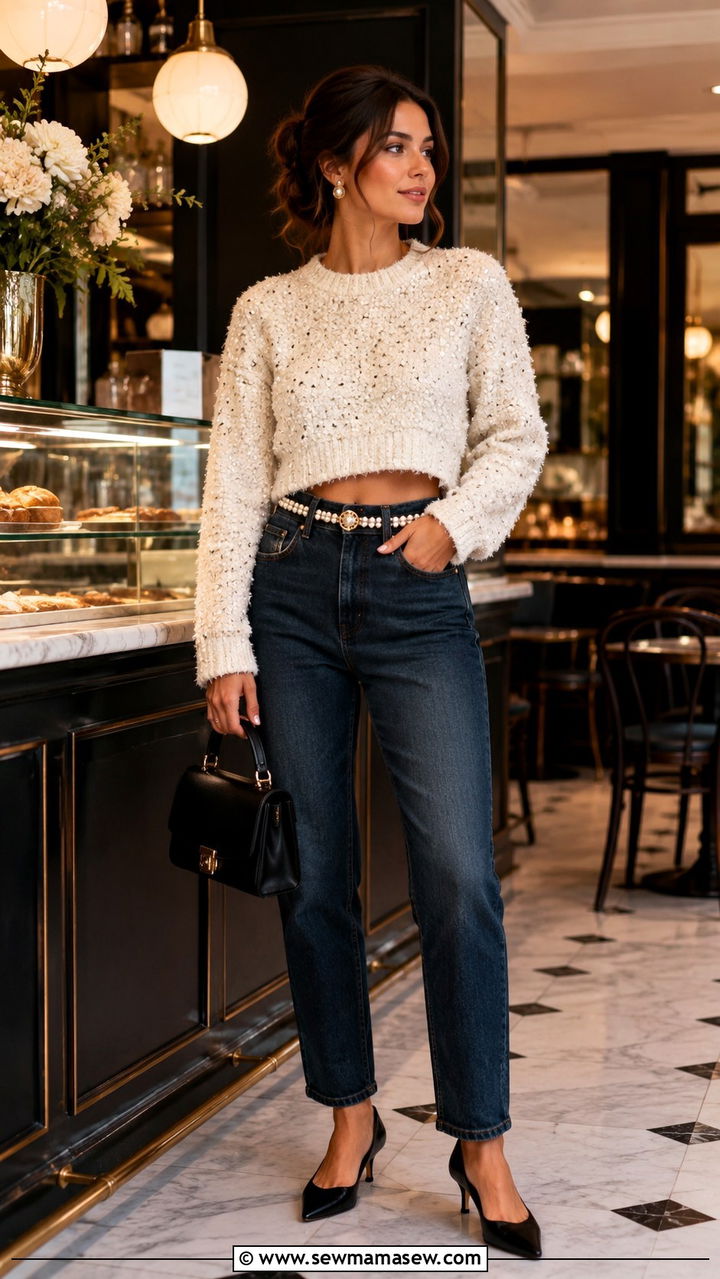 Mom jeans with a cropped boucle sweater and kitten heels - 30 Mom jeans outfit ideas with a sweater