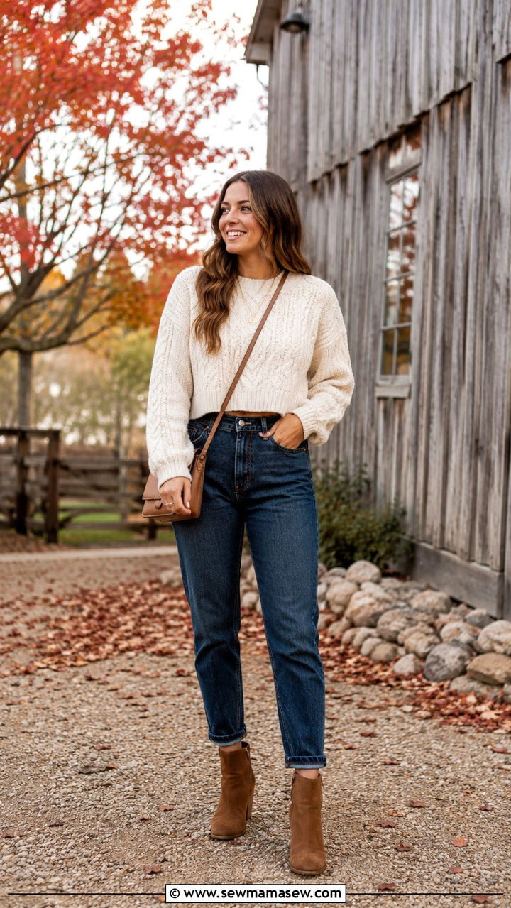 Mom jeans with a cropped cable knit sweater and ankle boots - 30 Mom jeans outfit ideas with a sweater
