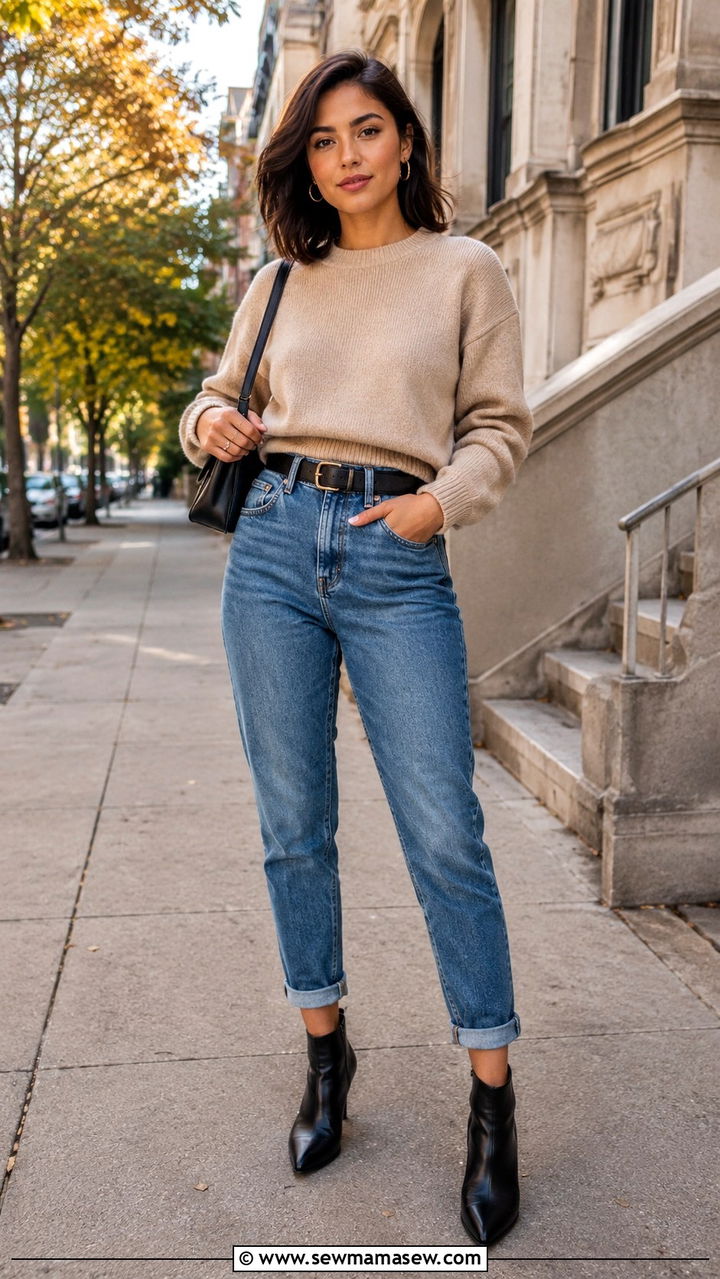 Mom jeans with a cropped sweater and ankle boots - 25 Petite outfit ideas with mom jeans