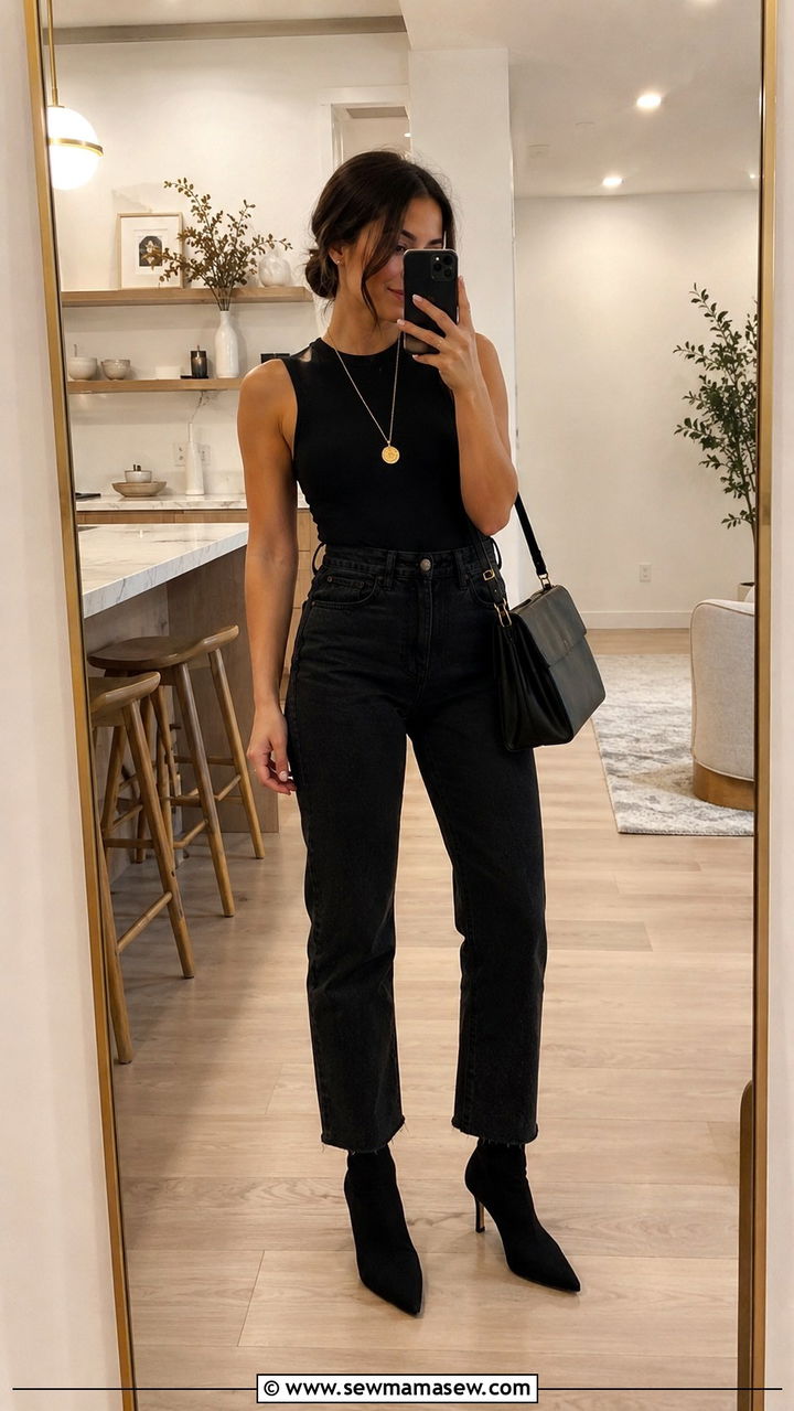 Mom jeans with a fitted bodysuit and heeled booties - 25 Petite outfit ideas with mom jeans