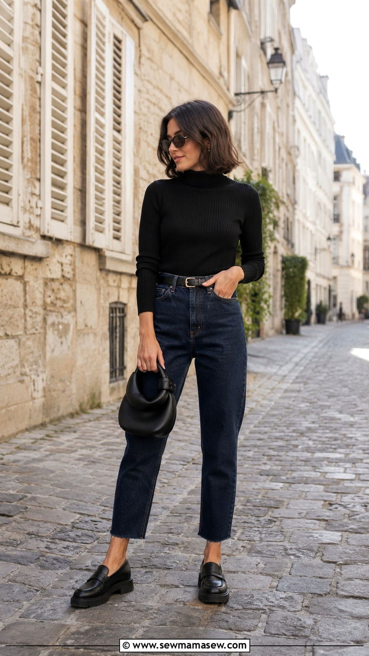 Mom jeans with a fitted turtleneck and loafers - 25 Petite outfit ideas with mom jeans
