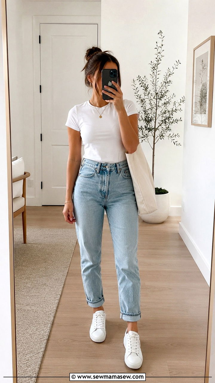 Mom jeans with a fitted white tee and white sneakers - 25 Petite outfit ideas with mom jeans