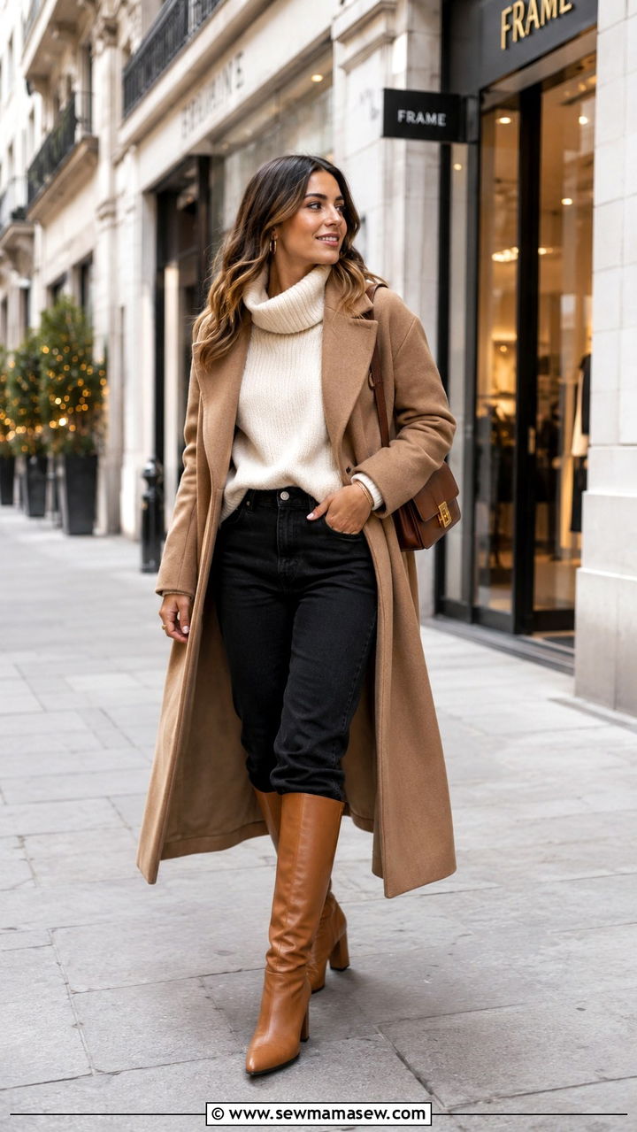 Mom jeans with a funnel neck sweater and knee high boots - 30 Mom jeans outfit ideas with a sweater