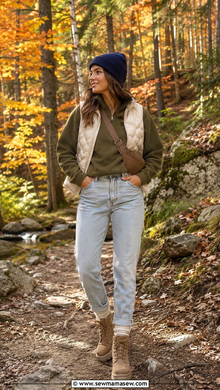Mom jeans with a half zip sweater and hiking boots - 30 Mom jeans outfit ideas with a sweater