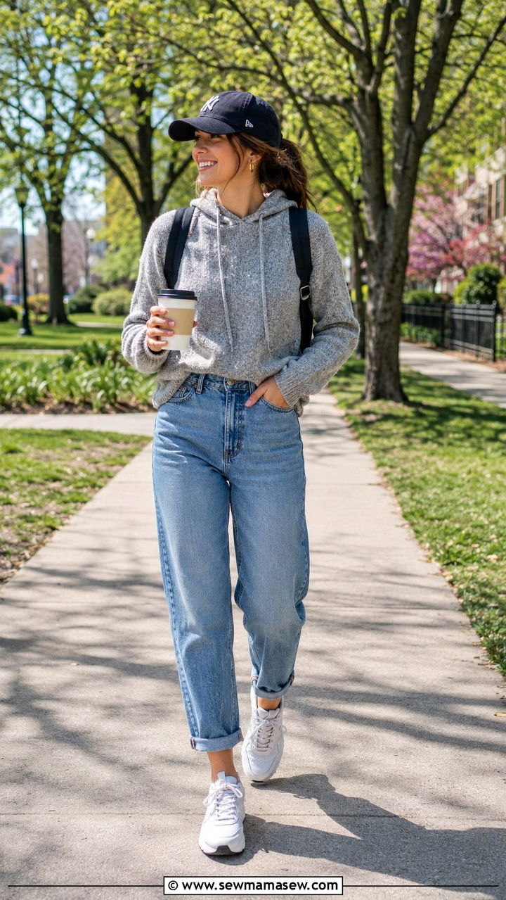 Mom jeans with a hooded sweater and dad sneakers - 30 Mom jeans outfit ideas with a sweater