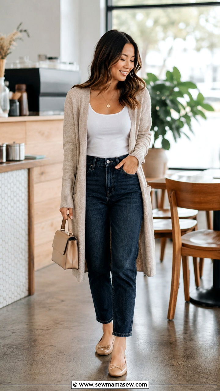 Mom jeans with a long cardigan and ballet flats - 25 Petite outfit ideas with mom jeans